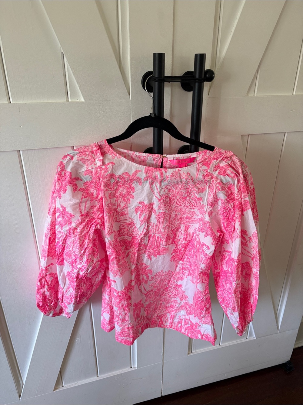 Lilly Pulitzer Pink and White Puff-Sleeve Printed Blouse